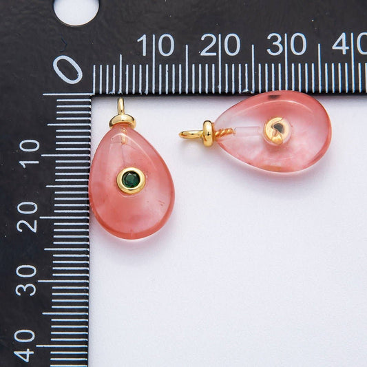 18K Gold Filled 23mm Green CZ Round Watermelon Quartz Teardrop Gemstone Charm | AF1370