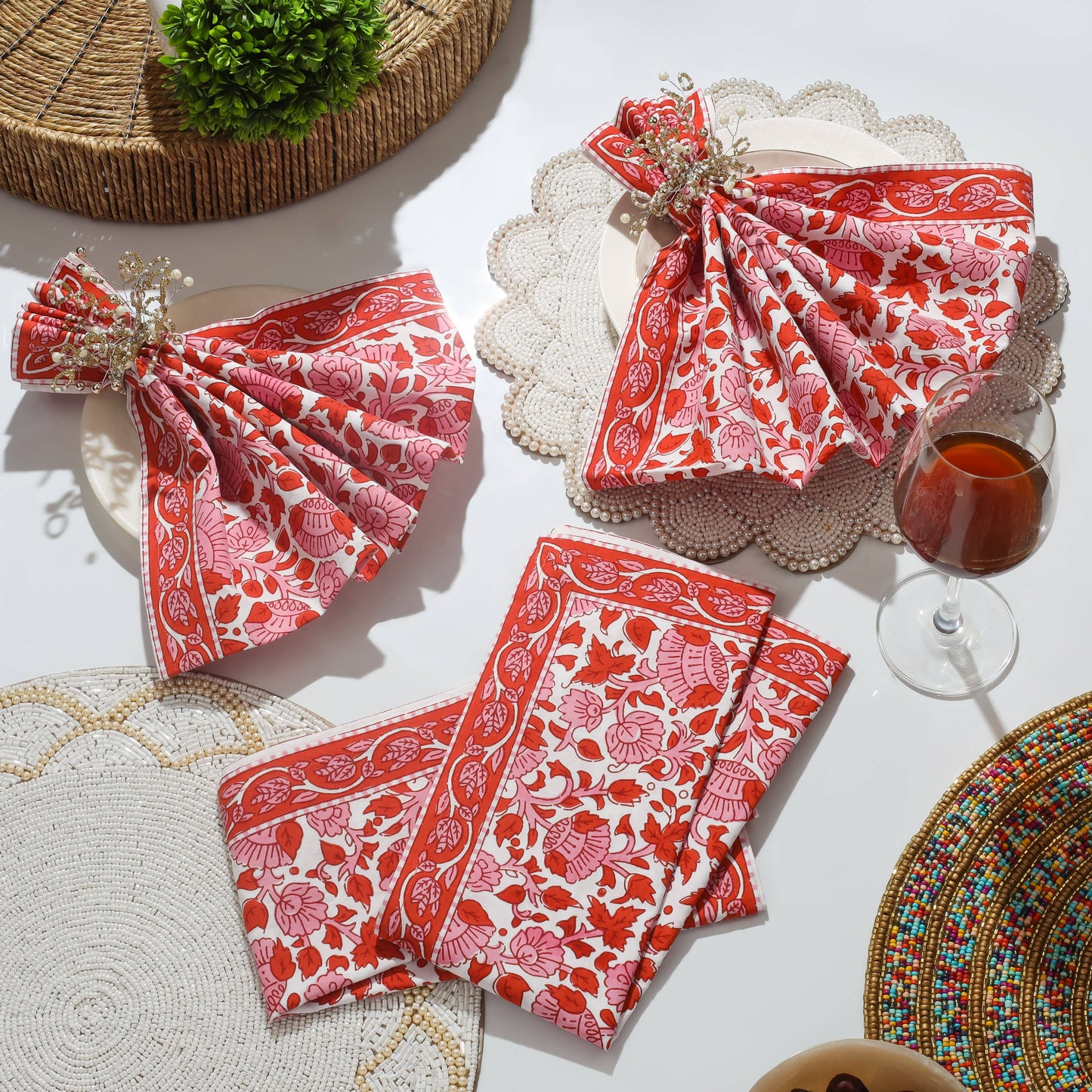 Crimson Infusion Block Print Cotton Napkins