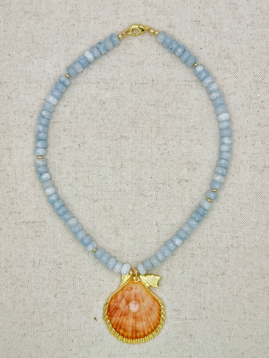Sky Blue Layering Necklace with Gem Shell Pendent