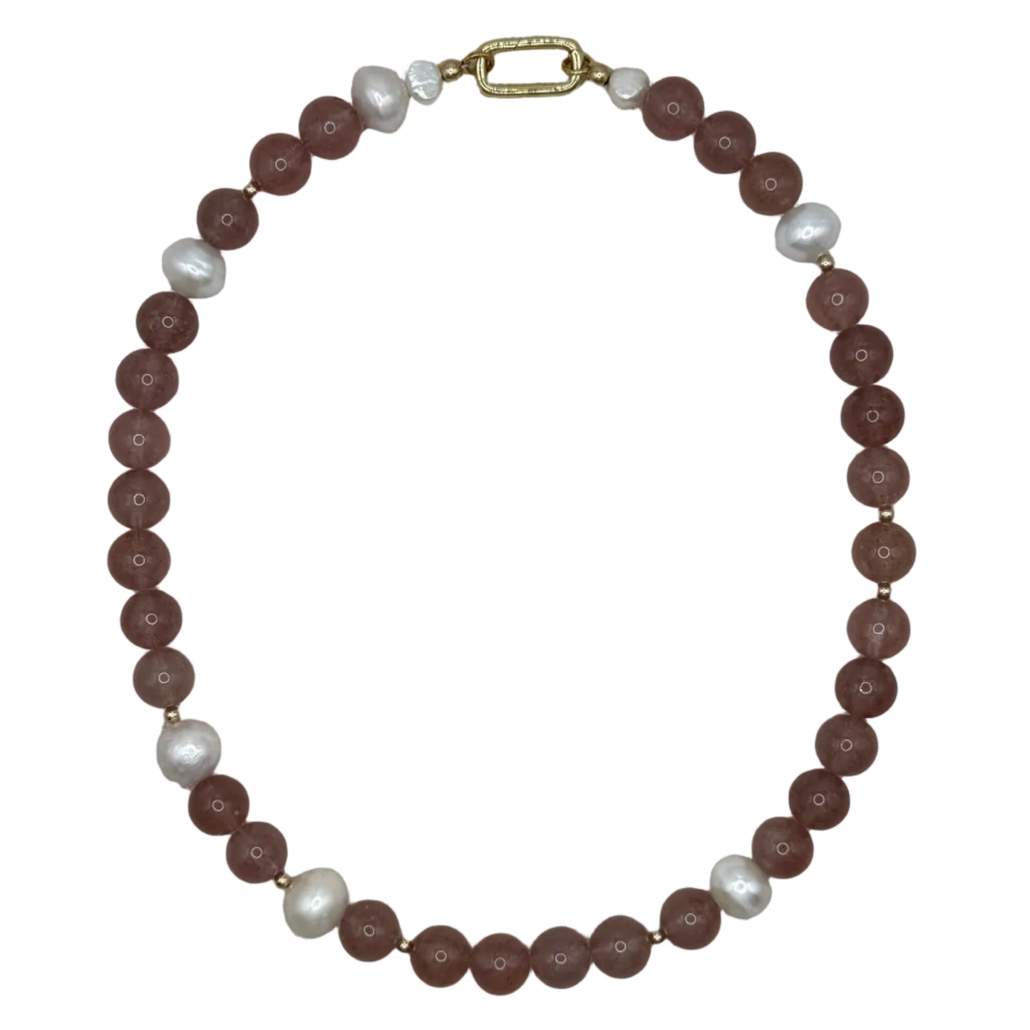 A beaded necklace featuring round, faceted reddish-brown beads alternating with smooth white pearls, finished with a gold-tone clasp, displayed on a textured beige linen background.