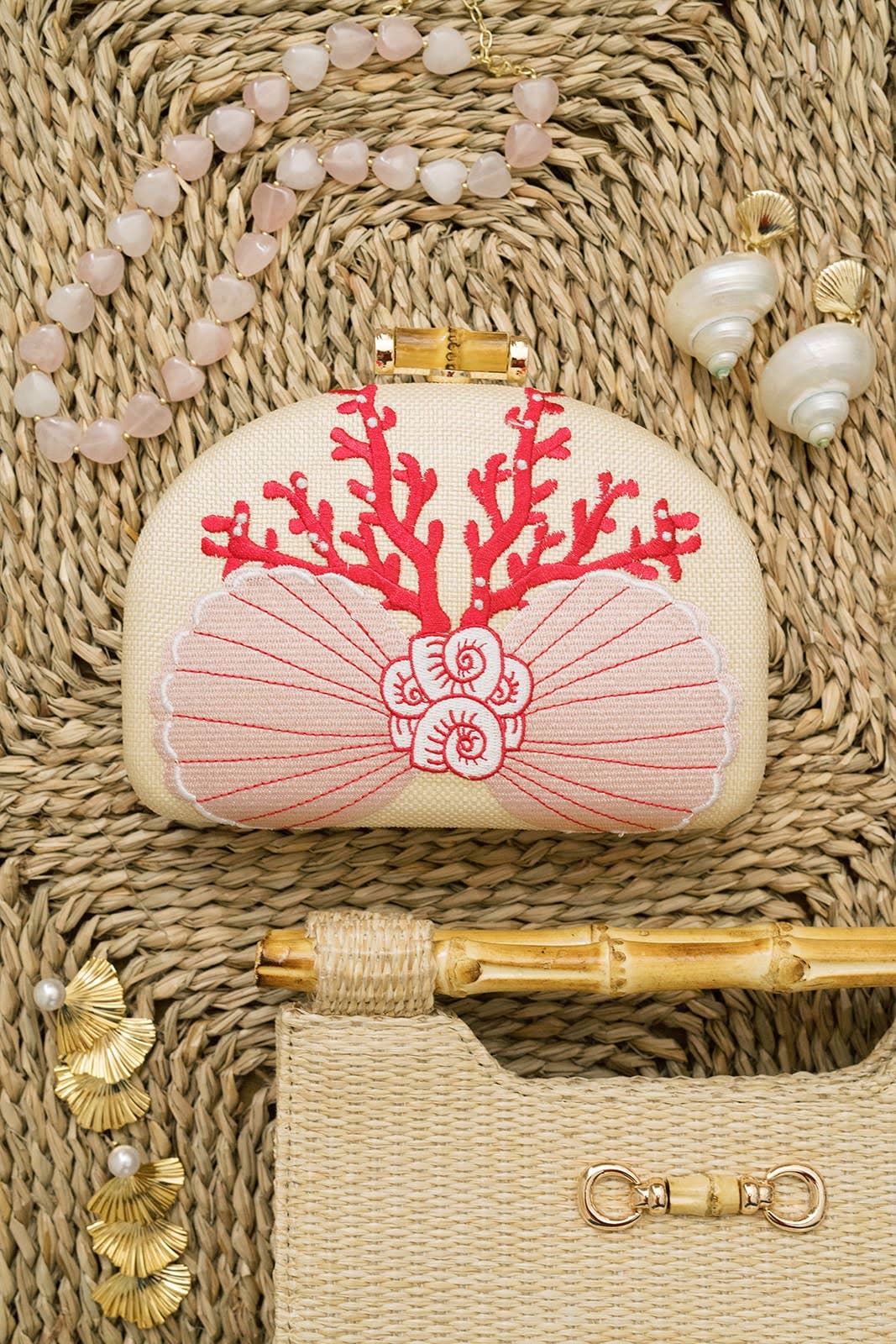 Coral and Shell Clutch- Embroidered - WS