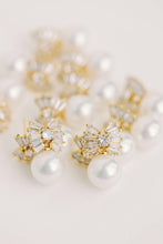 Load image into Gallery viewer, Gold Pearl Sparkler Statement Bow Earrings