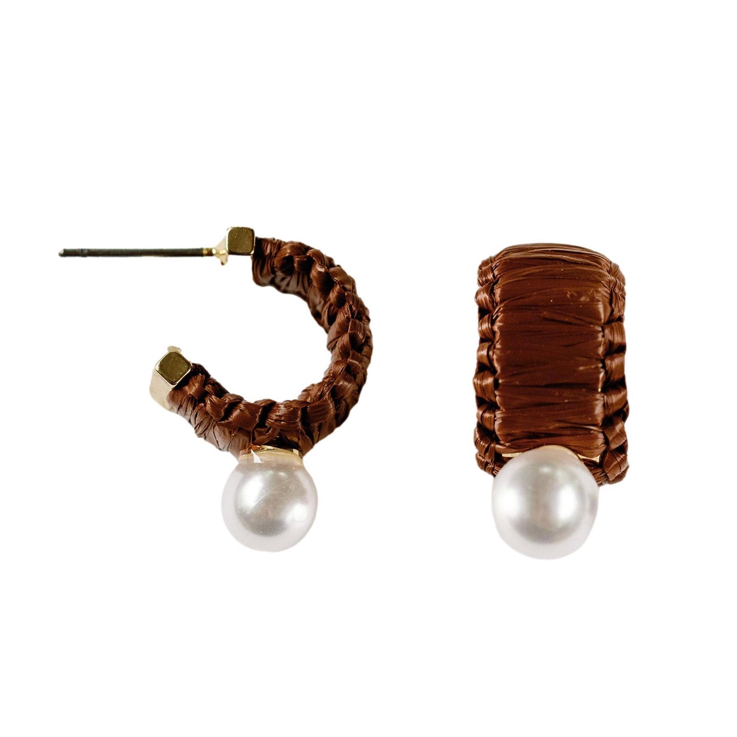 Mini Espresso Raffia and Pearl Huggie Hoop Earrings