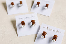 Load image into Gallery viewer, Mini Espresso Raffia and Pearl Huggie Hoop Earrings