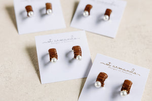 Mini Espresso Raffia and Pearl Huggie Hoop Earrings