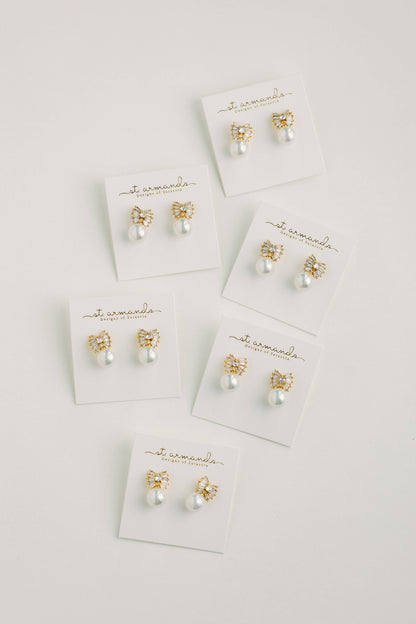 Gold Pearl Sparkler Statement Bow Earrings
