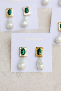 Vintage Square Malachite and Natural Pearl Drop Earrings