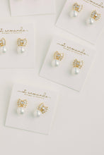 Load image into Gallery viewer, Gold Pearl Sparkler Statement Bow Earrings