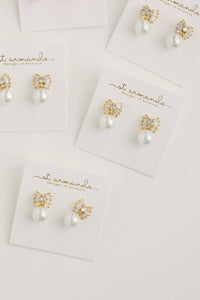 Gold Pearl Sparkler Statement Bow Earrings