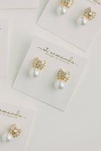 Load image into Gallery viewer, Gold Pearl Sparkler Statement Bow Earrings