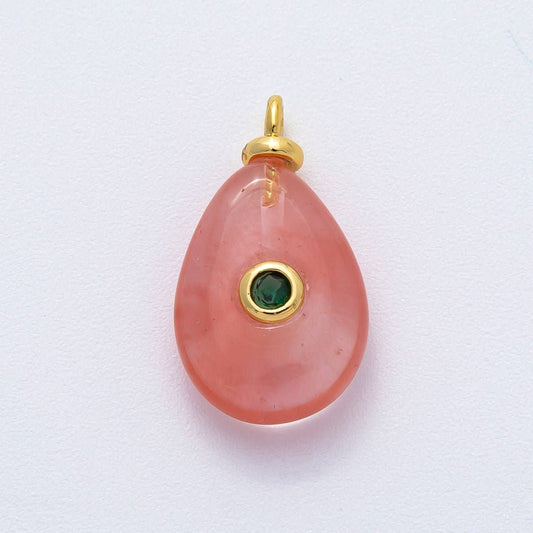18K Gold Filled 23mm Green CZ Round Watermelon Quartz Teardrop Gemstone Charm | AF1370