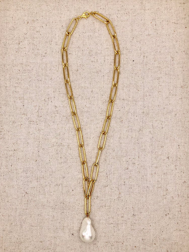 Chunky Gold Filled Link Chain Necklace with Baroque Pearl Pendent