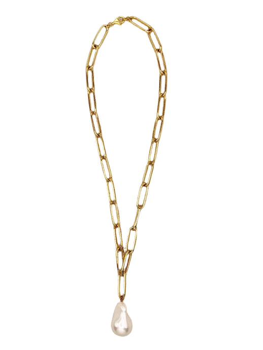 Chunky Gold Filled Link Chain Necklace with Baroque Pearl Pendent