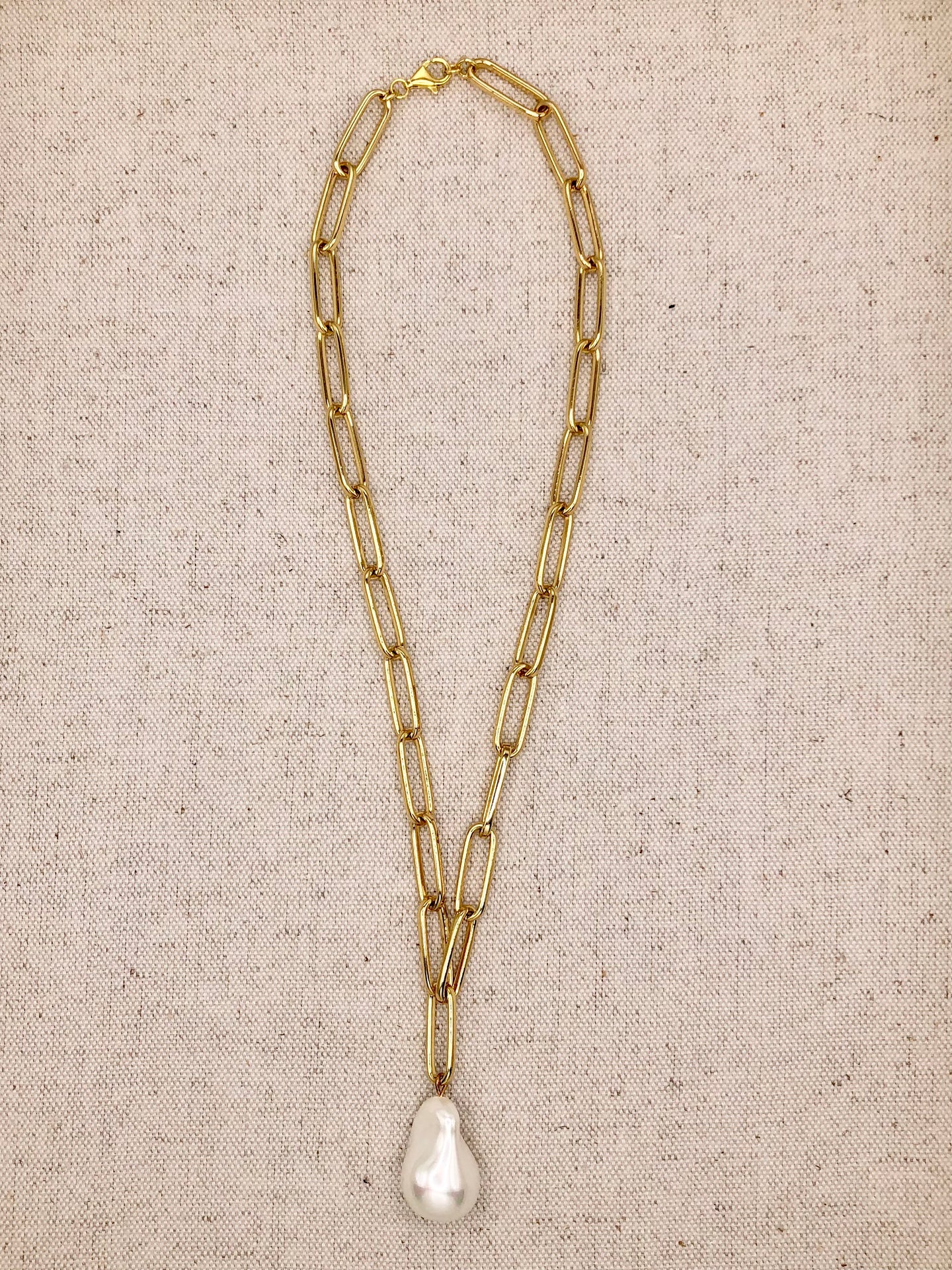 Chunky Gold Filled Link Chain Necklace with Baroque Pearl Pendent