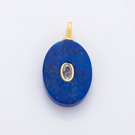 18K Gold Filled CZ Embedded Natural Gemstone Oval Charm | N720 - N741
