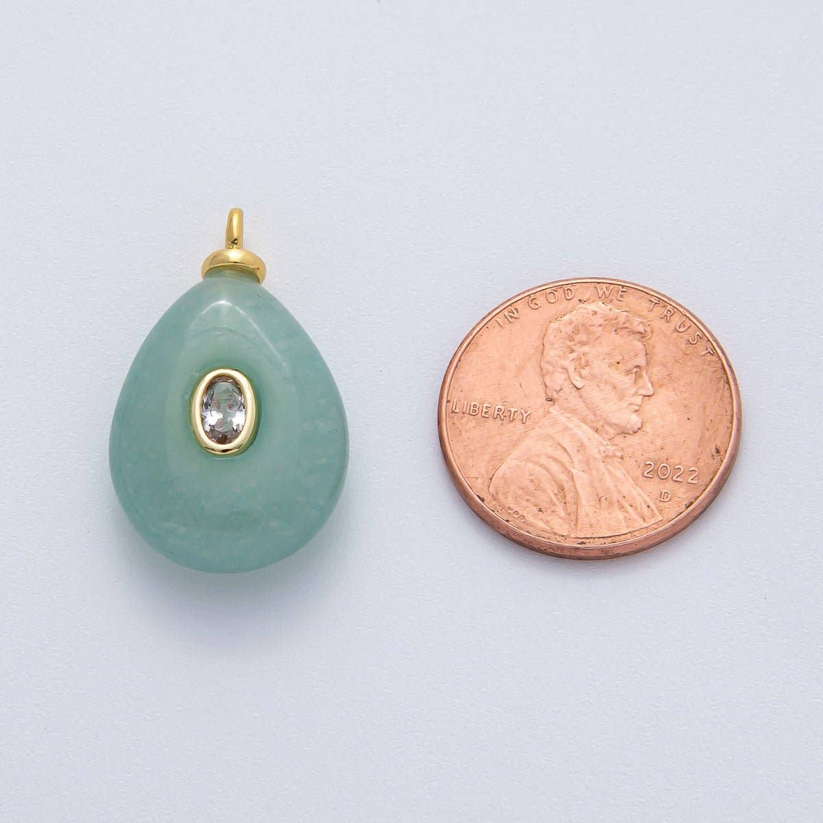 18K Gold Filled 25mm Clear CZ Oval Green Aventurine Teardrop Gemstone Charm | AF1447