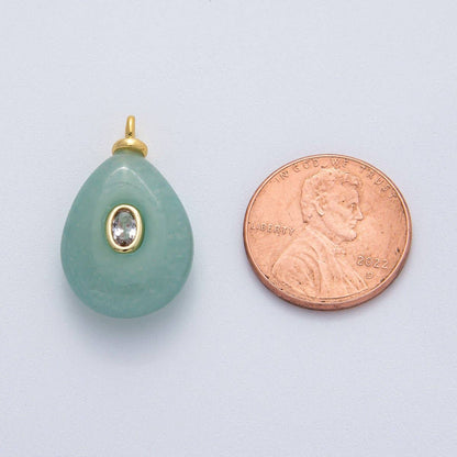 18K Gold Filled 25mm Clear CZ Oval Green Aventurine Teardrop Gemstone Charm | AF1447