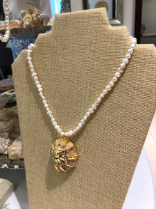 Metallic Seashell Pendent on Serena Pearl Necklace