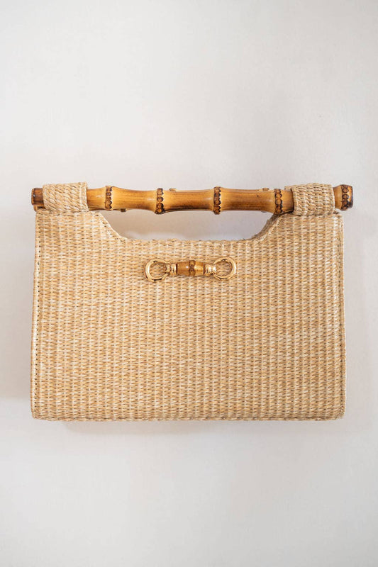 Mary Natural Straw Clutch - Bamboo Natural Handle - WS
