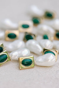 Vintage Square Malachite and Natural Pearl Drop Earrings