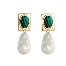 Load image into Gallery viewer, Vintage Square Malachite and Natural Pearl Drop Earrings