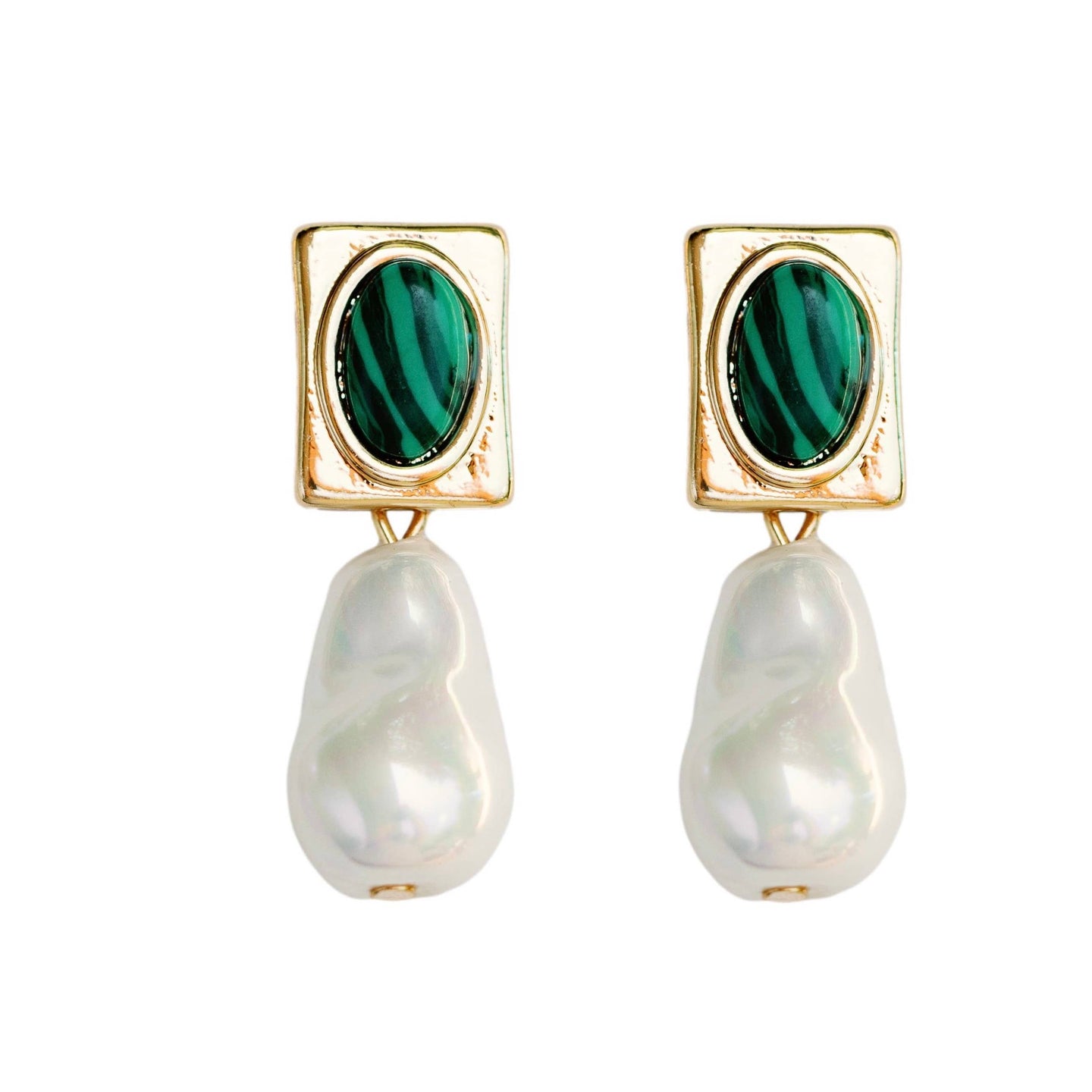 Vintage Square Malachite and Natural Pearl Drop Earrings