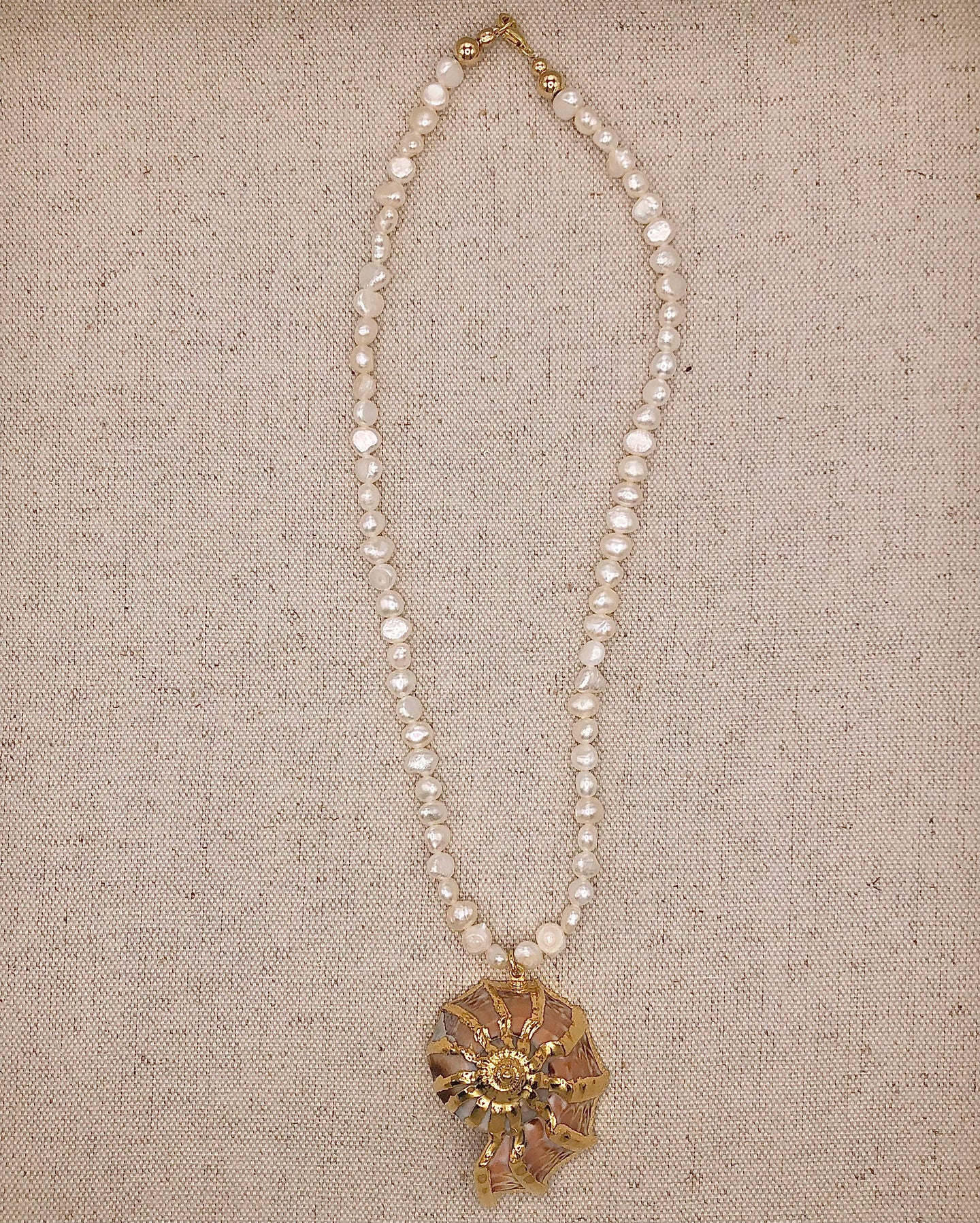 Metallic Seashell Pendent on Serena Pearl Necklace