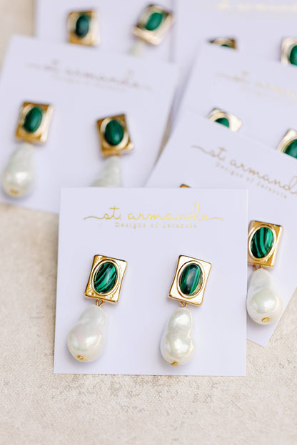 Vintage Square Malachite and Natural Pearl Drop Earrings