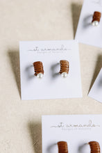 Load image into Gallery viewer, Mini Espresso Raffia and Pearl Huggie Hoop Earrings