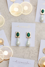 Load image into Gallery viewer, Vintage Square Malachite and Natural Pearl Drop Earrings