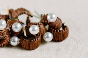 Mini Espresso Raffia and Pearl Huggie Hoop Earrings