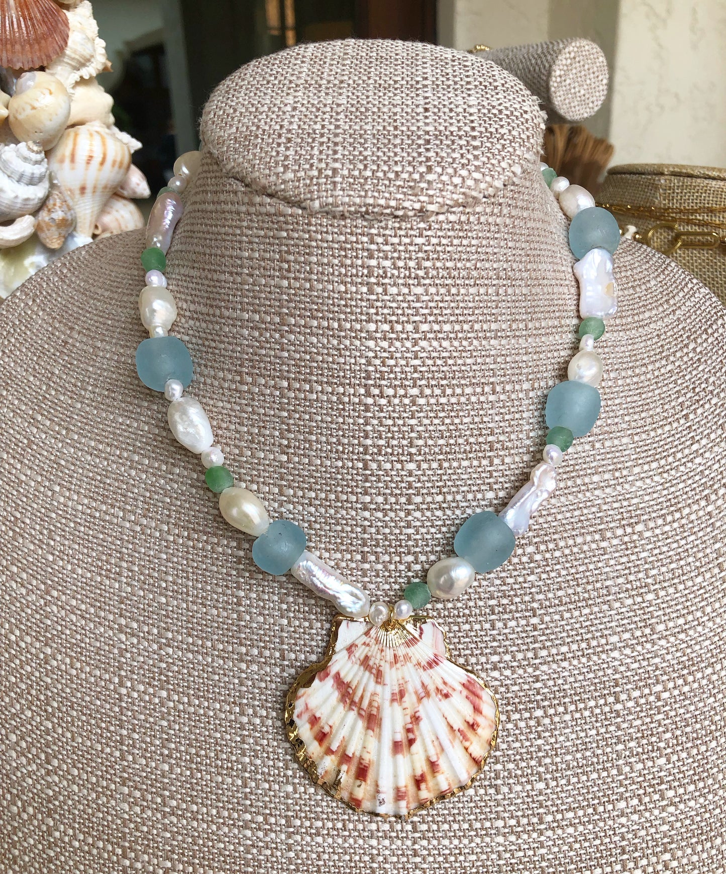 Siena Sea Glass & Freshwater Pearl Necklace with Scallop Shell Pendent Light Blue