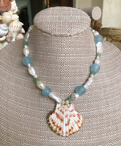 Siena Sea Glass & Freshwater Pearl Necklace with Scallop Shell Pendent Light Blue