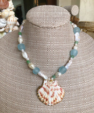 Load image into Gallery viewer, Siena Sea Glass &amp; Freshwater Pearl Necklace with Scallop Shell Pendent Light Blue