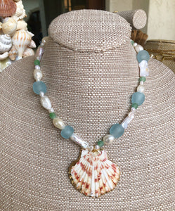 Siena Sea Glass & Freshwater Pearl Necklace with Scallop Shell Pendent Light Blue