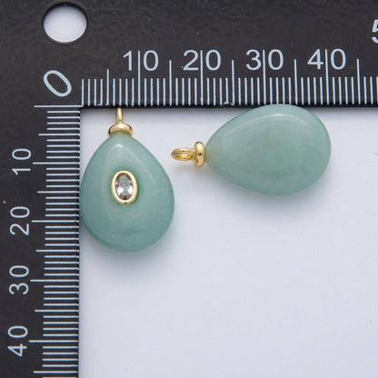 18K Gold Filled 25mm Clear CZ Oval Green Aventurine Teardrop Gemstone Charm | AF1447