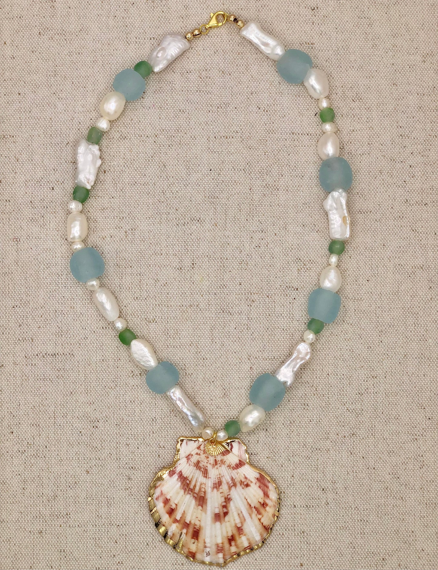 Siena Sea Glass & Freshwater Pearl Necklace with Scallop Shell Pendent Light Blue