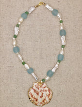 Load image into Gallery viewer, Siena Sea Glass &amp; Freshwater Pearl Necklace with Scallop Shell Pendent Light Blue