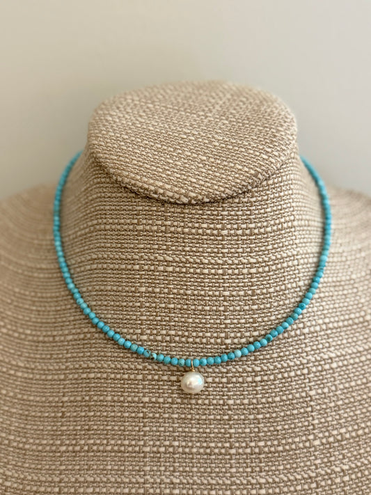 Blue Turquoise Layering Necklace with Mini Pearl Pendent
