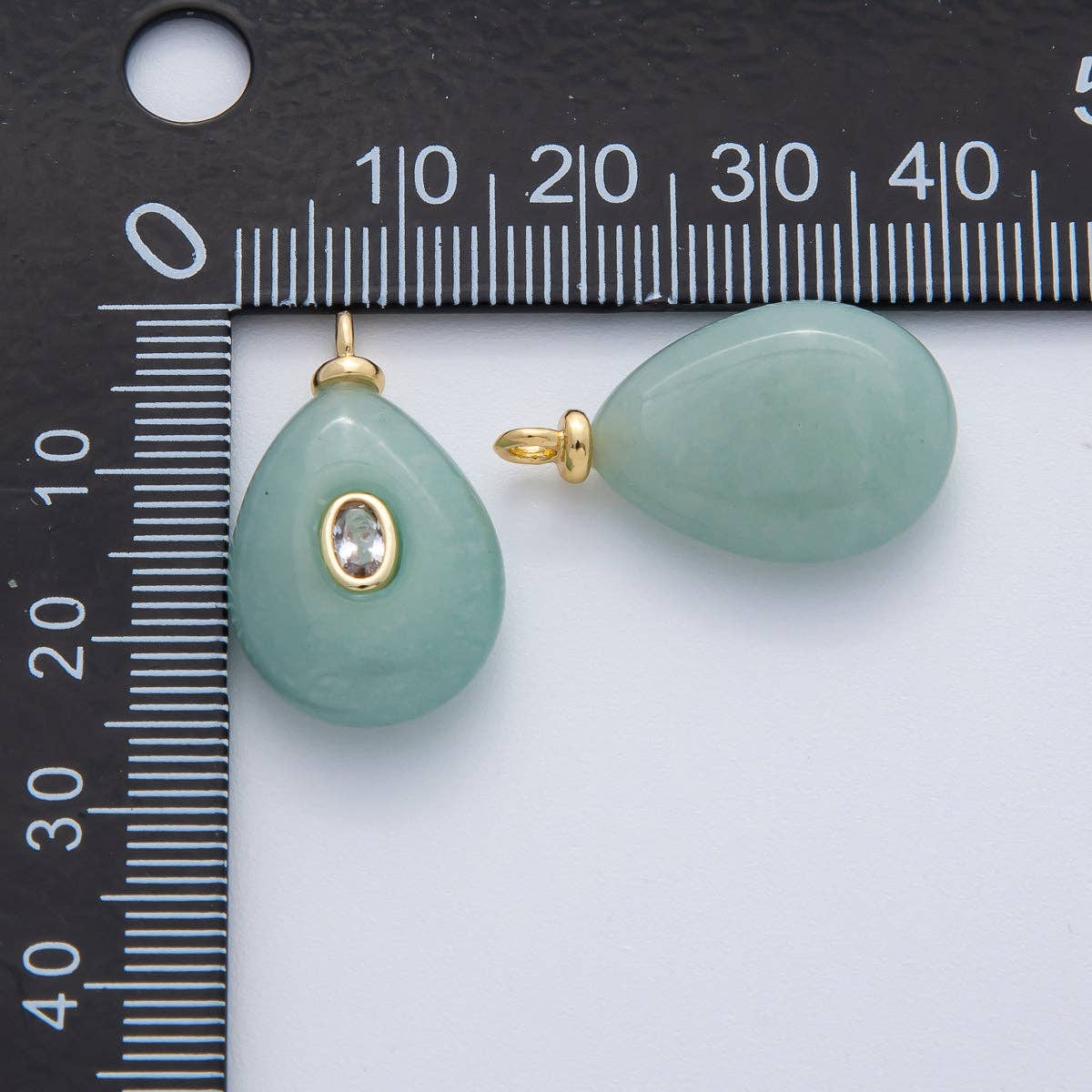 18K Gold Filled 25mm Clear CZ Oval Green Aventurine Teardrop Gemstone Charm | AF1447