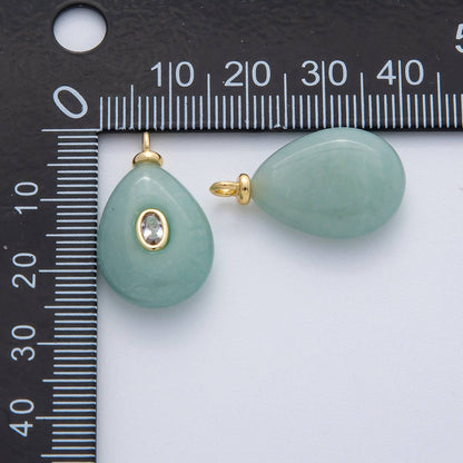 18K Gold Filled 25mm Clear CZ Oval Green Aventurine Teardrop Gemstone Charm | AF1447