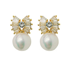 Load image into Gallery viewer, Gold Pearl Sparkler Statement Bow Earrings