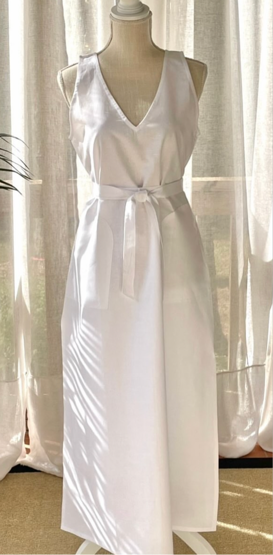 White Linen Side-Slit Dress