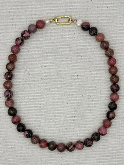 Gemstone Short Layering Necklace, Pink Gray Rhodonite
