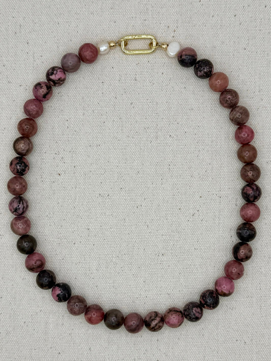 Gemstone Short Layering Necklace, Pink Gray Rhodonite
