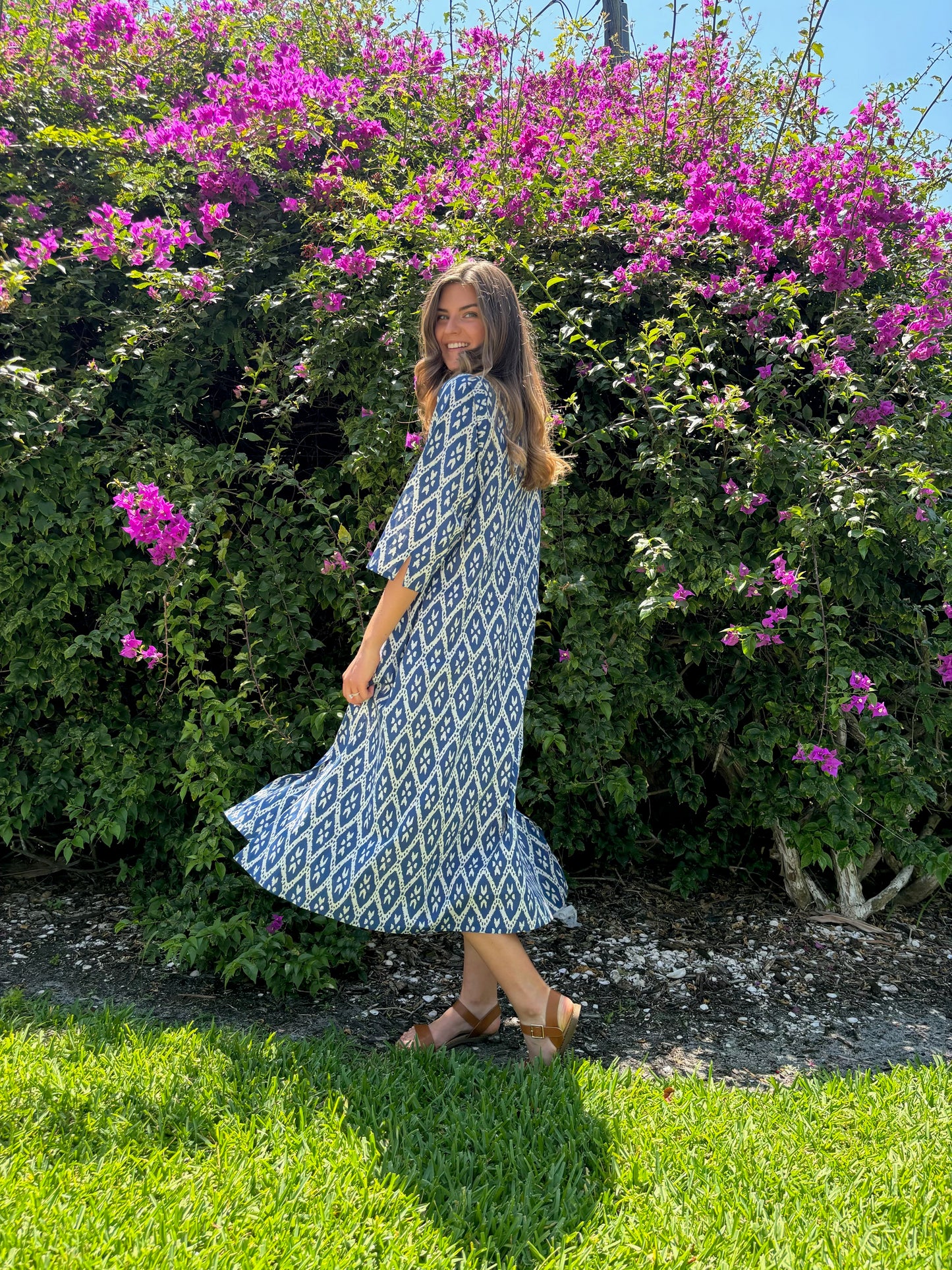 blue and white block print tunic kaftan palm beach south florida