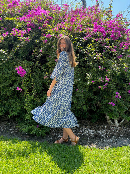 blue and white block print tunic kaftan palm beach south florida