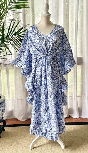 Long Ruffle Caftan Splash Blue