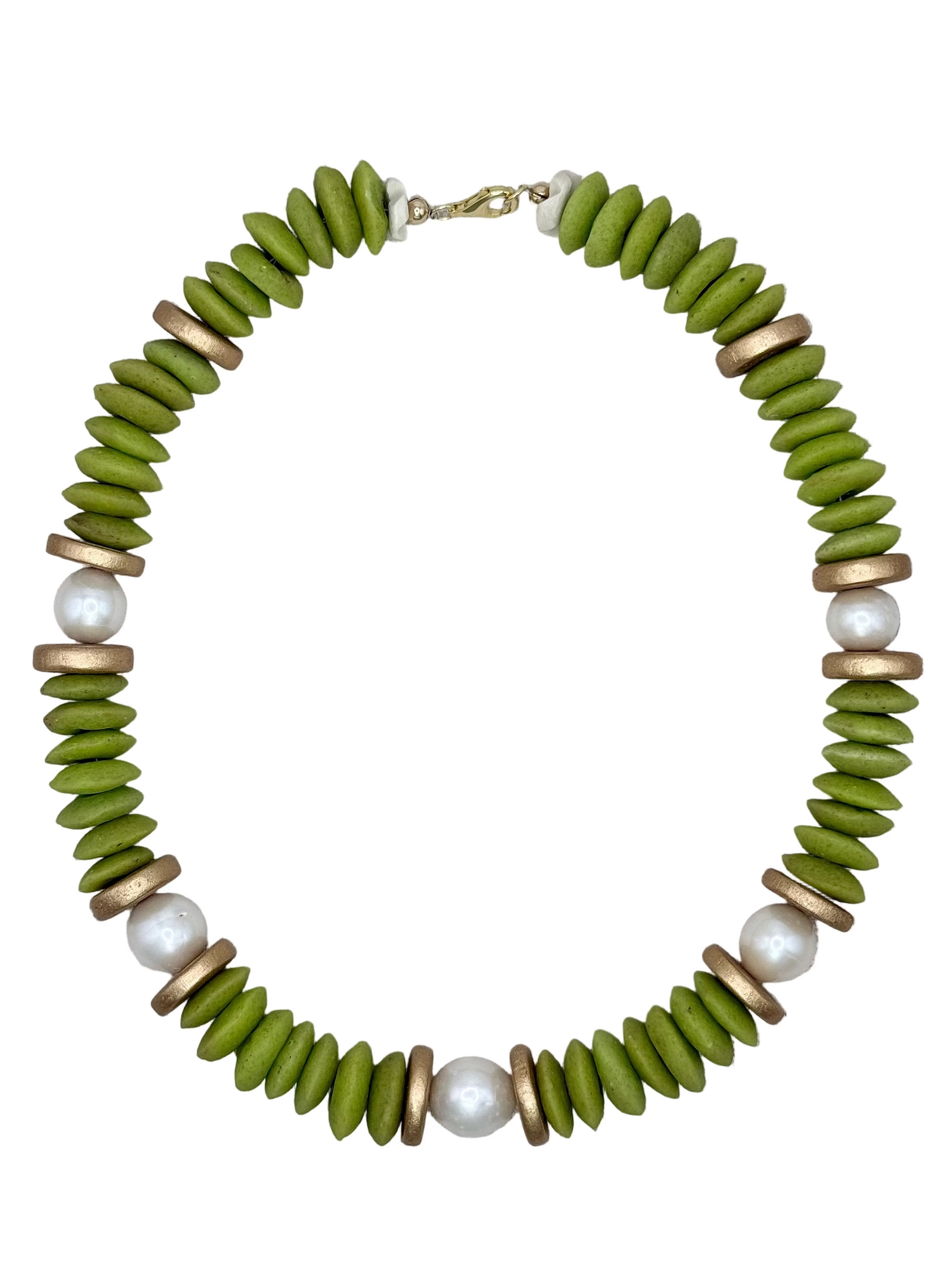 Necklace with green beads, gold accents, and pearls on a white background