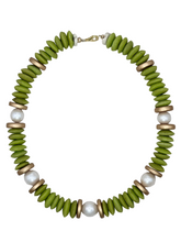 Load image into Gallery viewer, Necklace with green beads, gold accents, and pearls on a white background